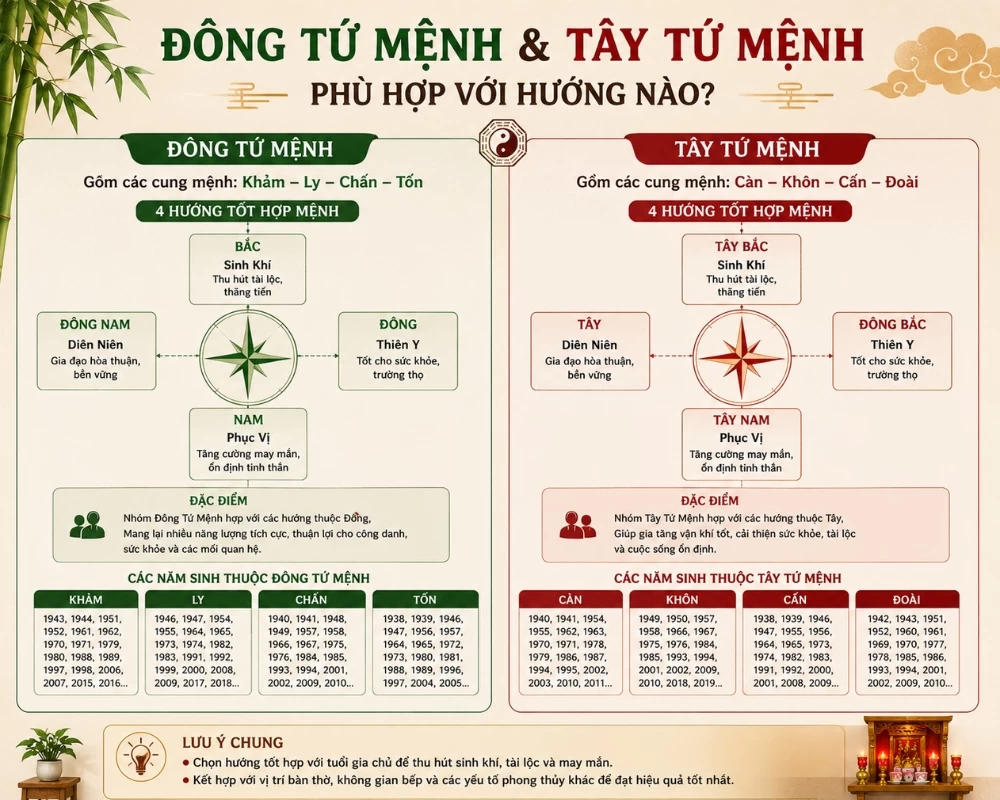 Hướng tốt cho gia chủ nhóm Đông Tứ Mệnh và Tây Tứ Mệnh