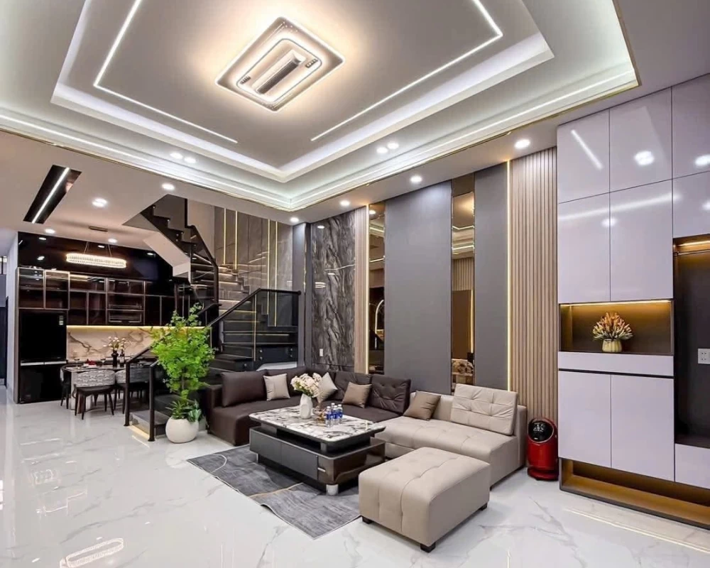 Không gian phòng khách sang trọng, hiện đại cho nhà phố 3 tầng diện tích 5x12,5m
