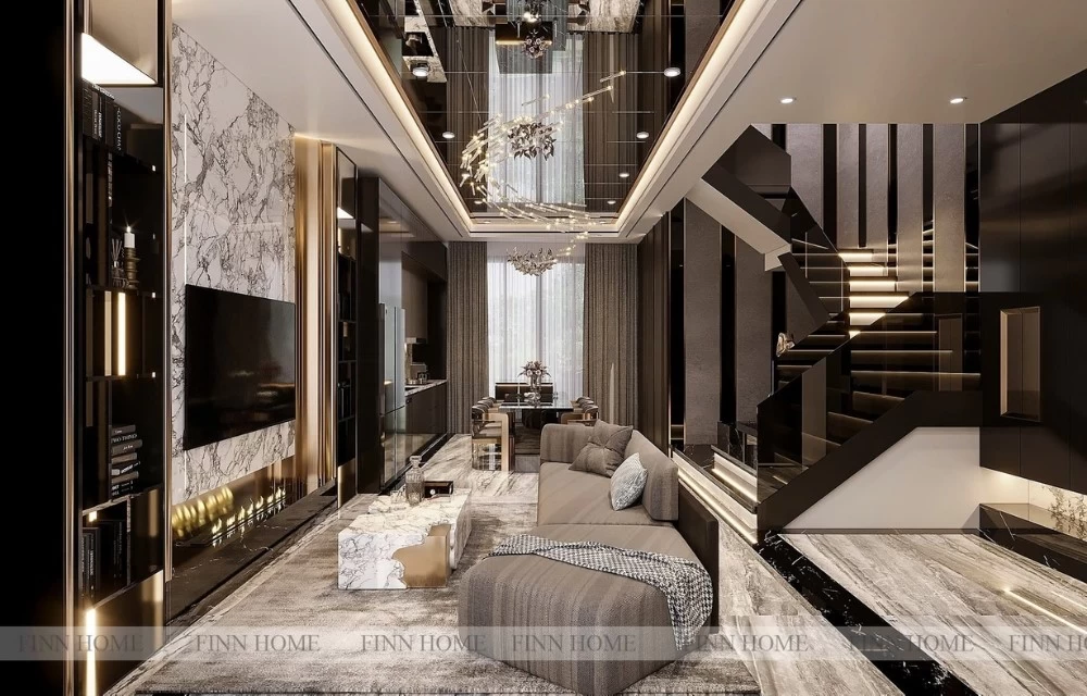 Không gian phòng khách sang trọng của nhà phố 3 tầng do đơn vị FINN HOME thiết kế