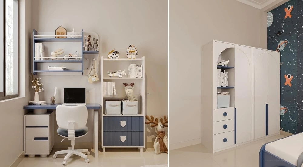 Góc học tập và tủ quần áo bên trong phòng ngủ theo chủ đề vũ trụ
