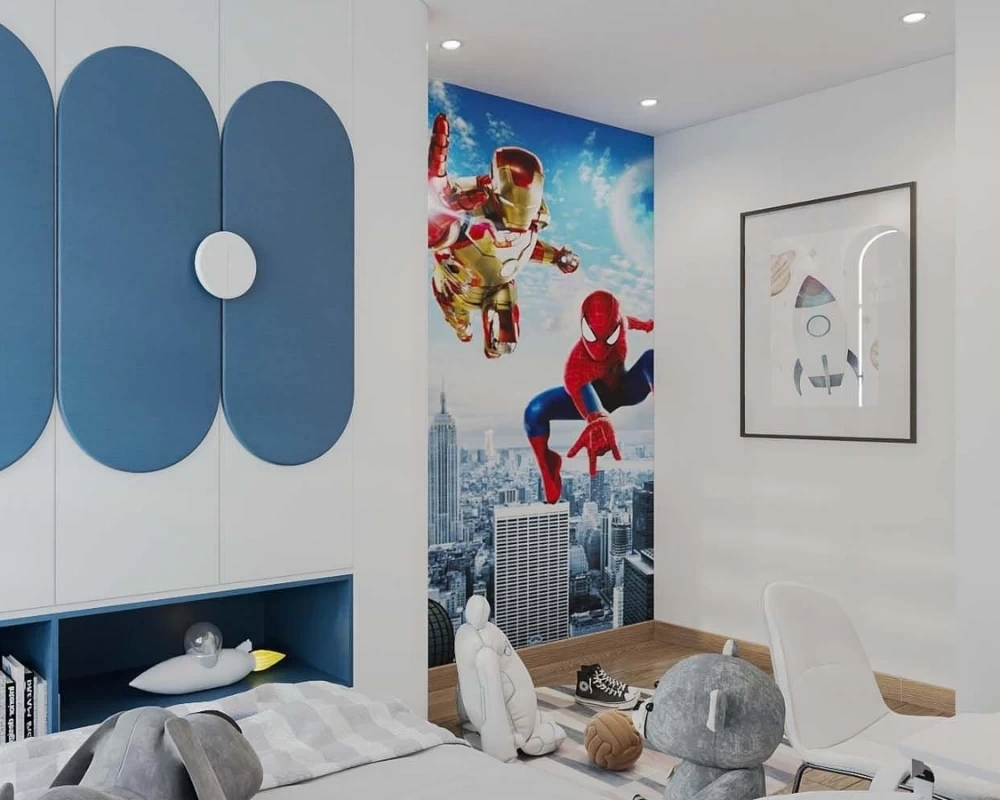 Phòng ngủ sử dụng giấy dán tường in hình các nhân vật siêu anh hùng