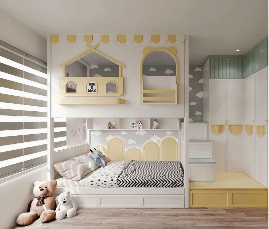 Mẫu phòng ngủ sử dụng gam màu pastel tươi sáng cho bé trai từ 6 - 10 tuổi