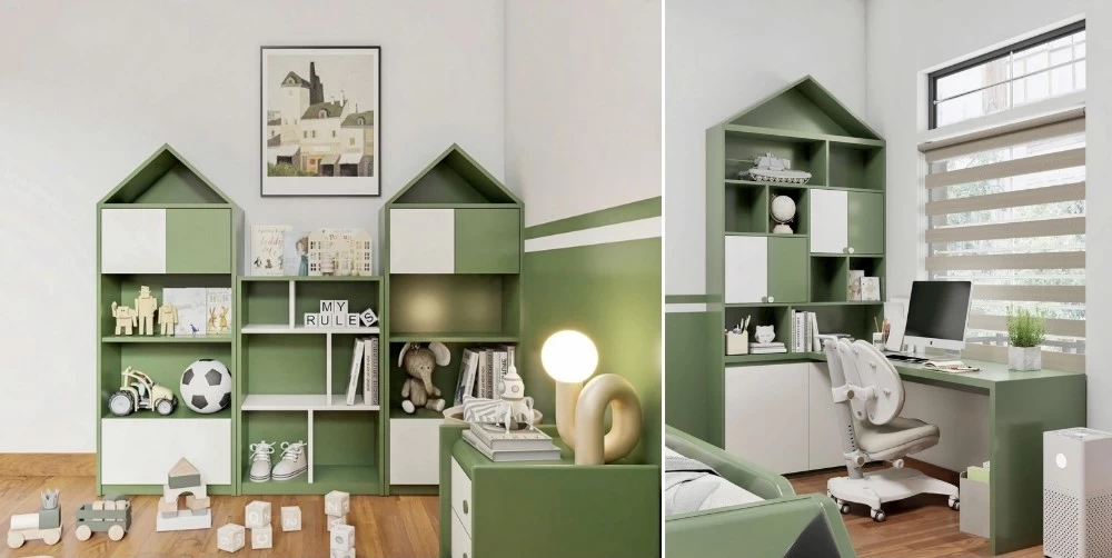Góc học tập và vui chơi của căn phòng ngủ được decor theo chủ đề xe tăng