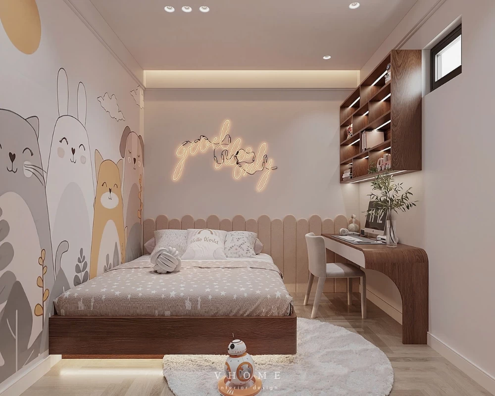Tường phòng ngủ được trang trí họa tiết ngộ nghĩnh