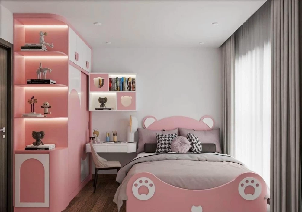 Mẫu phòng ngủ tone màu hồng dễ thương dành cho bé gái