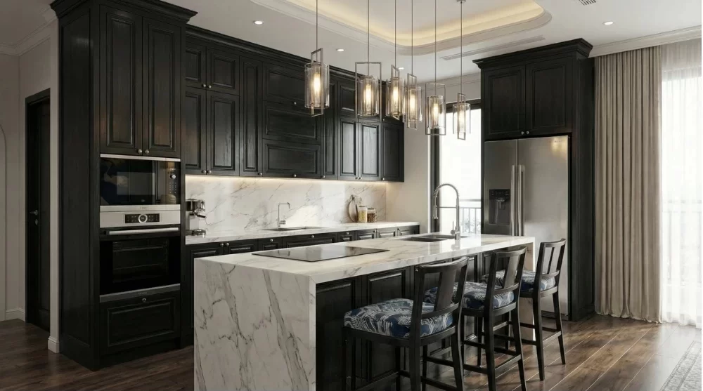 Mẫu thiết kế phòng bếp Indochine tinh tế với điểm nhấn là chiếc đèn thả trần