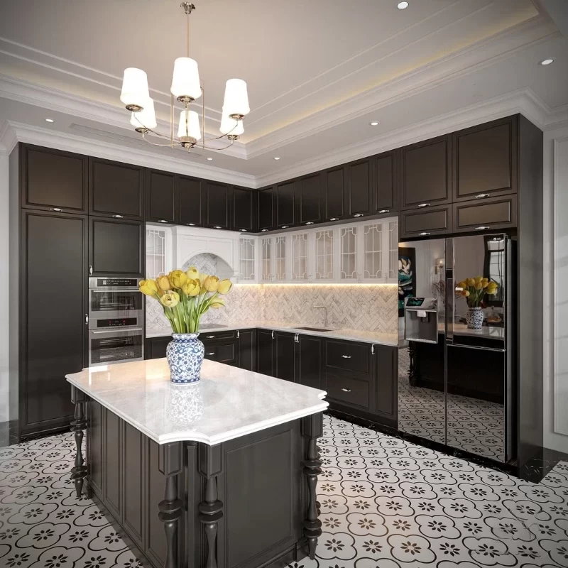 Mẫu thiết kế phòng bếp Indochine hài hòa, thanh lịch