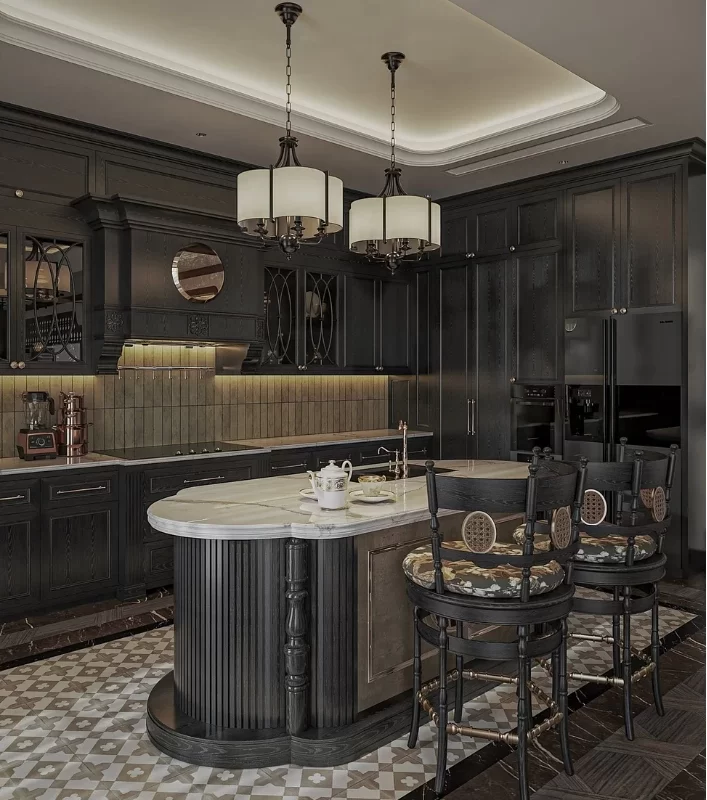 Mẫu thiết kế phòng bếp Indochine với điểm nhấn là chiếc đèn thả trần phong cách truyền thống