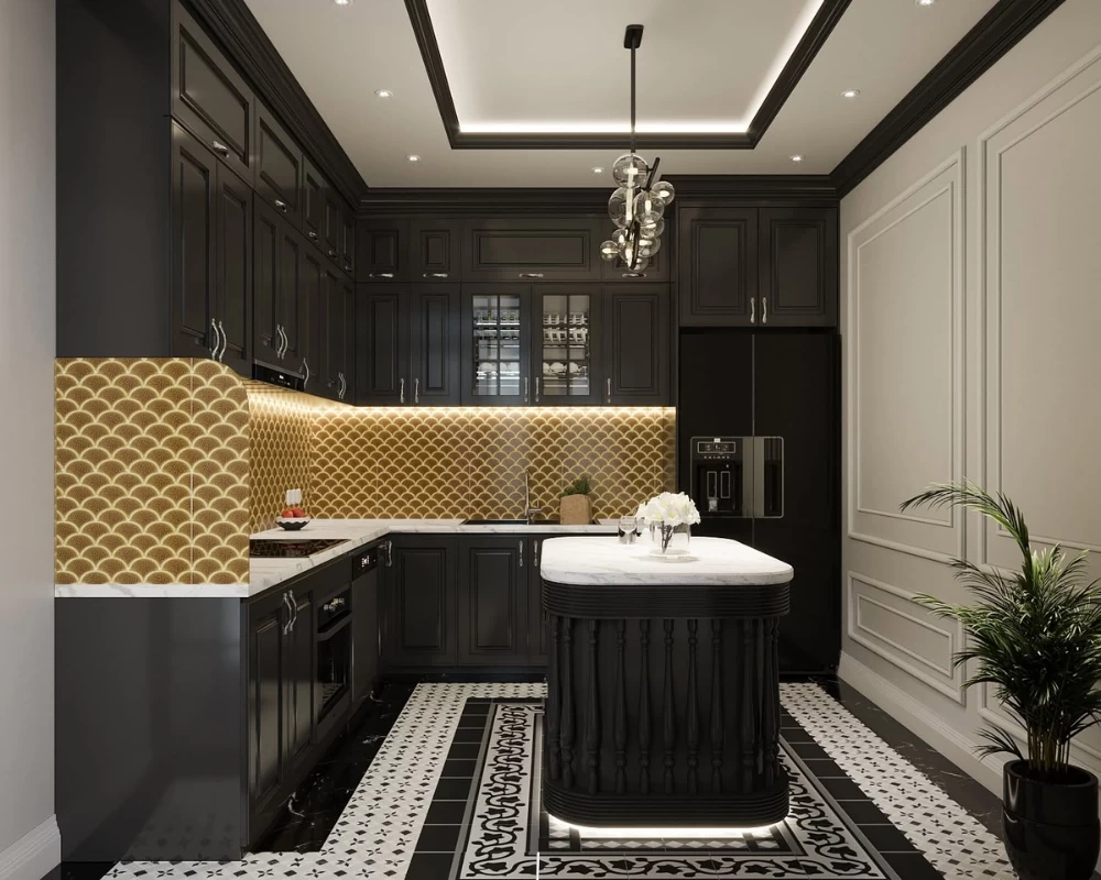 Phòng bếp Indochine sử dụng chất liệu gỗ, đá và gạch bông