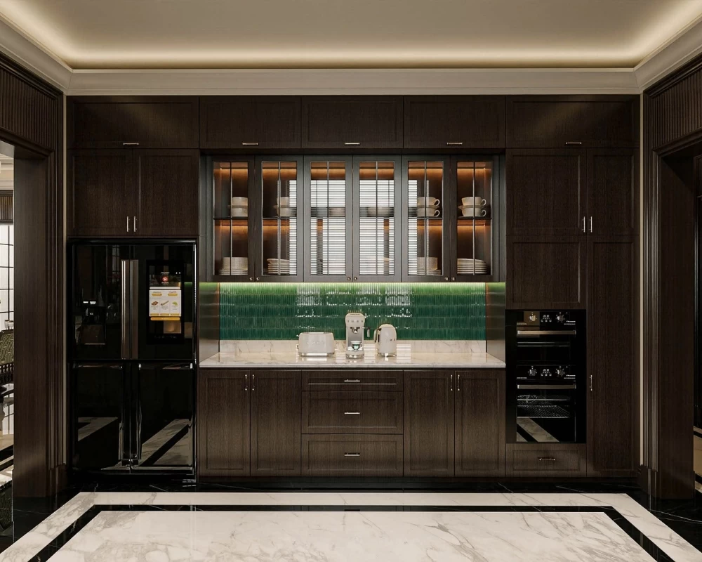 Mẫu thiết kế phòng bếp phong cách Đông Dương tinh tế với điểm nhấn là phần backsplash màu xanh ngọc