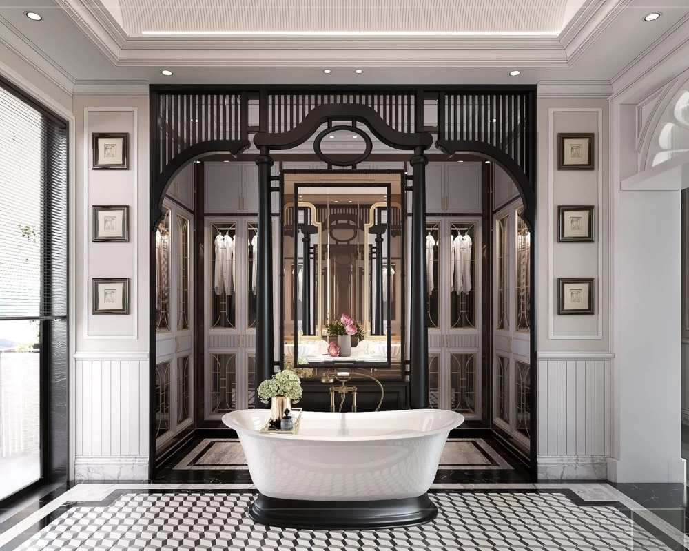 Mẫu thiết kế phòng tắm Indochine liên kết với không gian phòng thay đồ