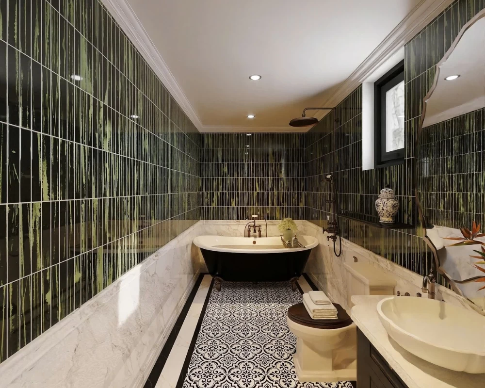 Mẫu thiết kế phòng tắm phong cách Indochine ốp tường gạch thẻ Mosaic màu xanh rêu