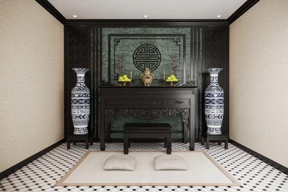 Phòng thờ Indochine tạo nên một không gian thờ cúng linh thiêng nhưng vẫn sang trọng