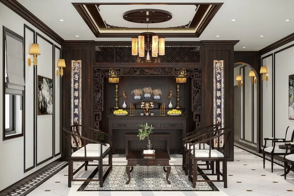 Mẫu phòng thờ Indochine trang nhã với điểm nhấn là hệ thống đèn chiếu sáng