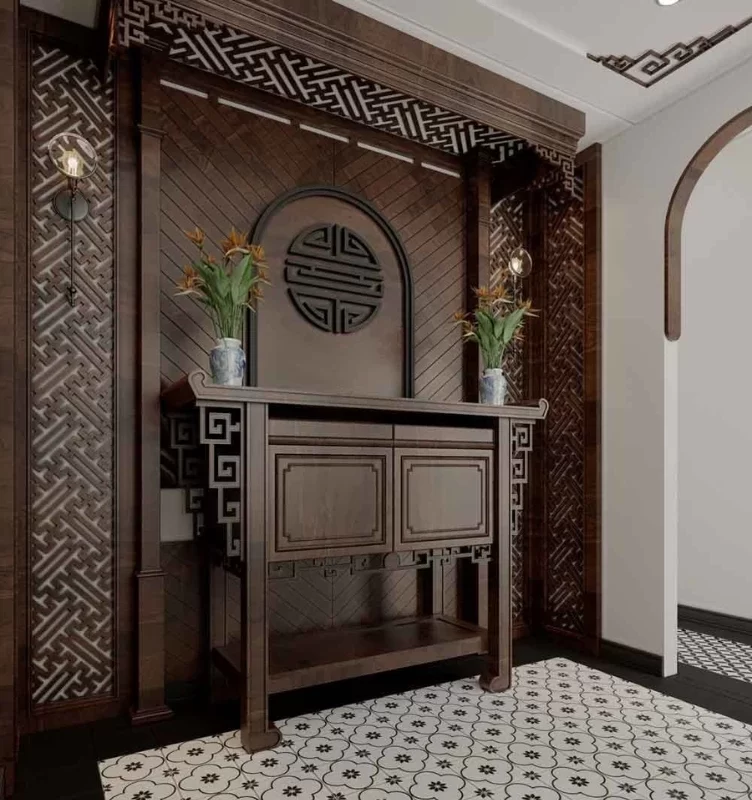 Gỗ và gạch bông là hai vật liệu thường xuất hiện trong phòng thờ phong cách Indochine
