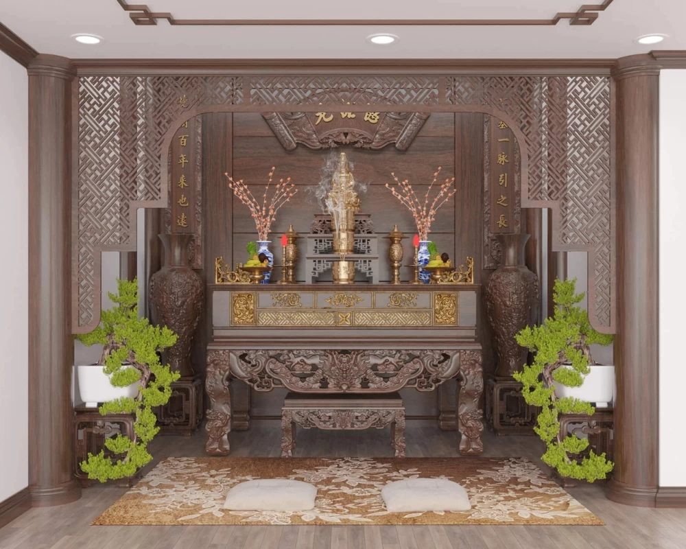 Phòng thờ Indochine thường ưu tiên sử dụng vật phẩm thờ cúng làm từ đồng