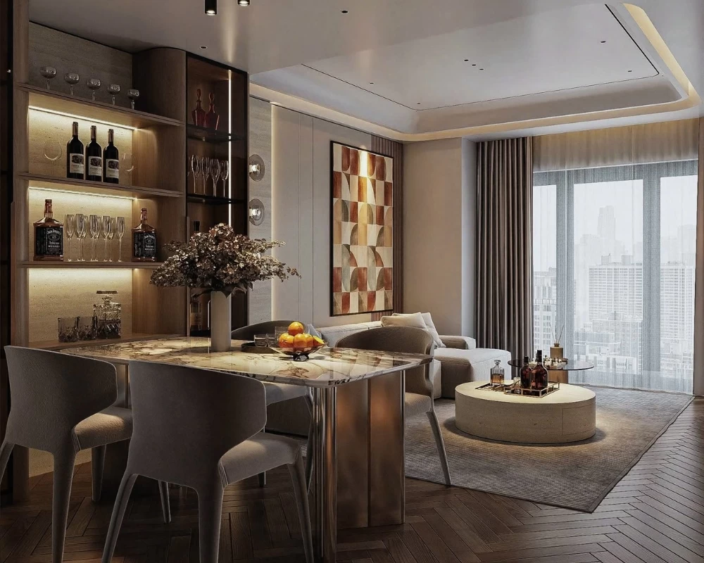 Khu vực bàn ăn và phòng khách của căn hộ chung cư được thiết kế đồng bộ theo phong cách luxury