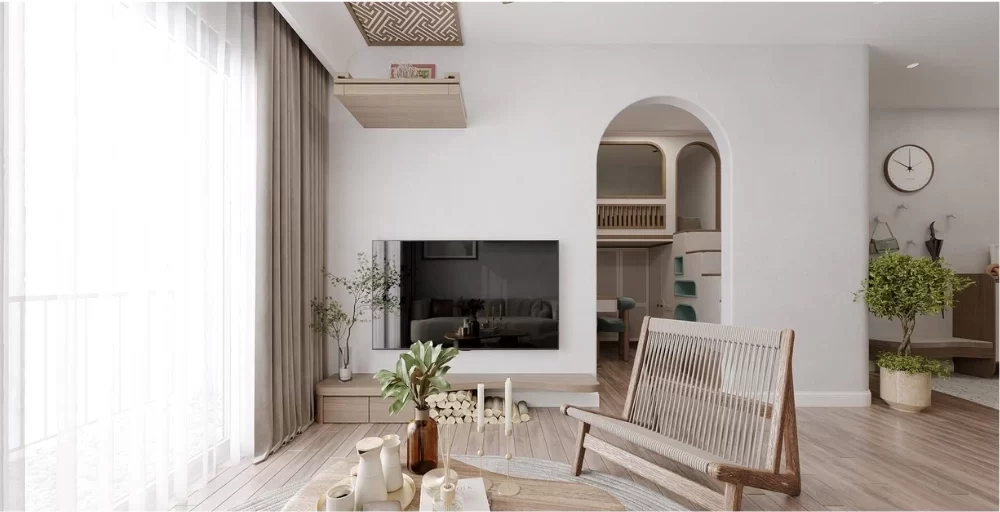 Phòng khách căn hộ chung cư Scandinavian có trang trí nhiều cây xanh