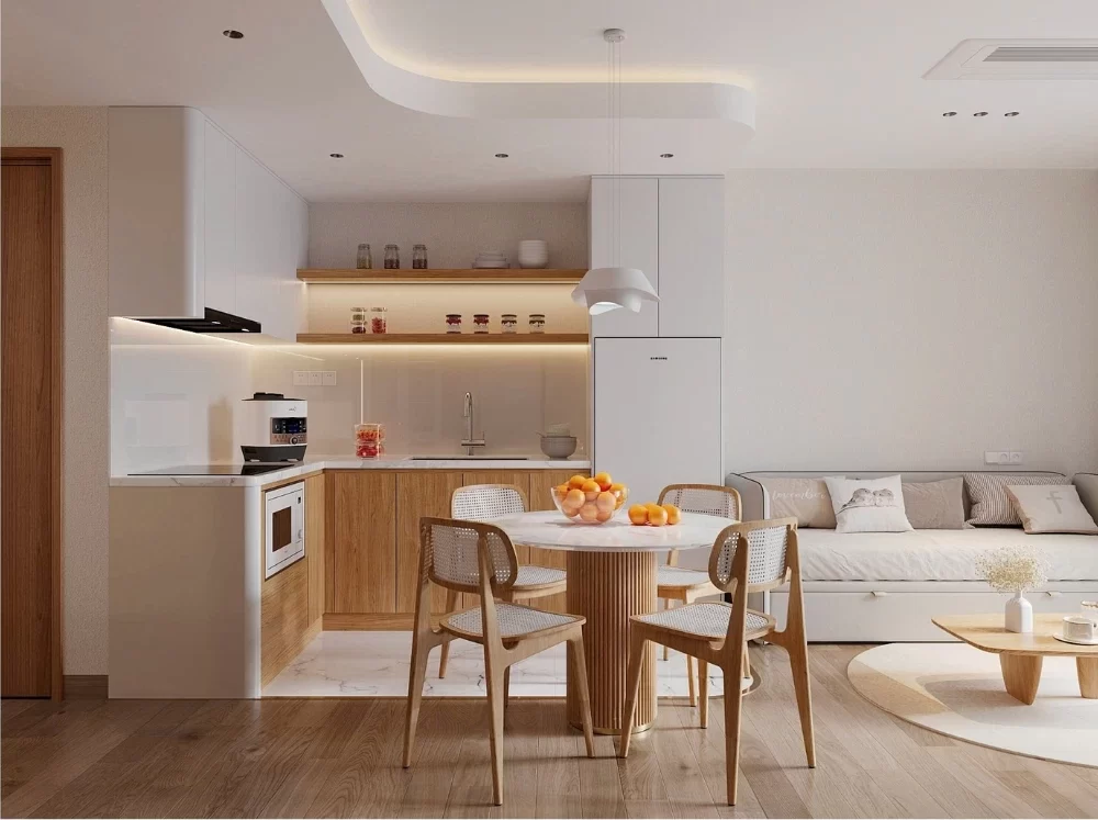 Mẫu thiết kế nội thất phòng bếp và bàn ăn cho căn hộ chung cư dưới 50m2
