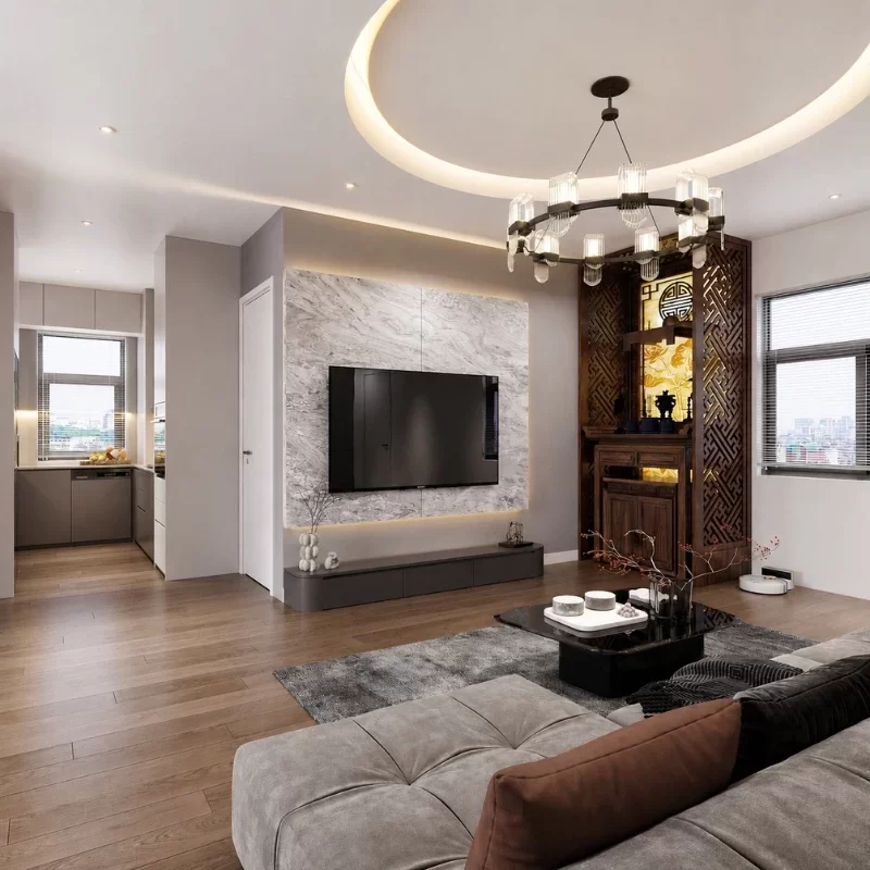 Mẫu thiết kế nội thất phòng khách cho căn hộ chung cư diện tích 90m²