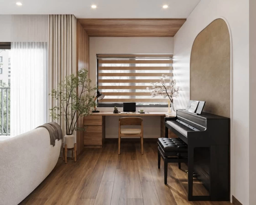 Góc học tập và khu vực chơi đàn piano cho căn hộ chung cư theo phong cách hiện đại