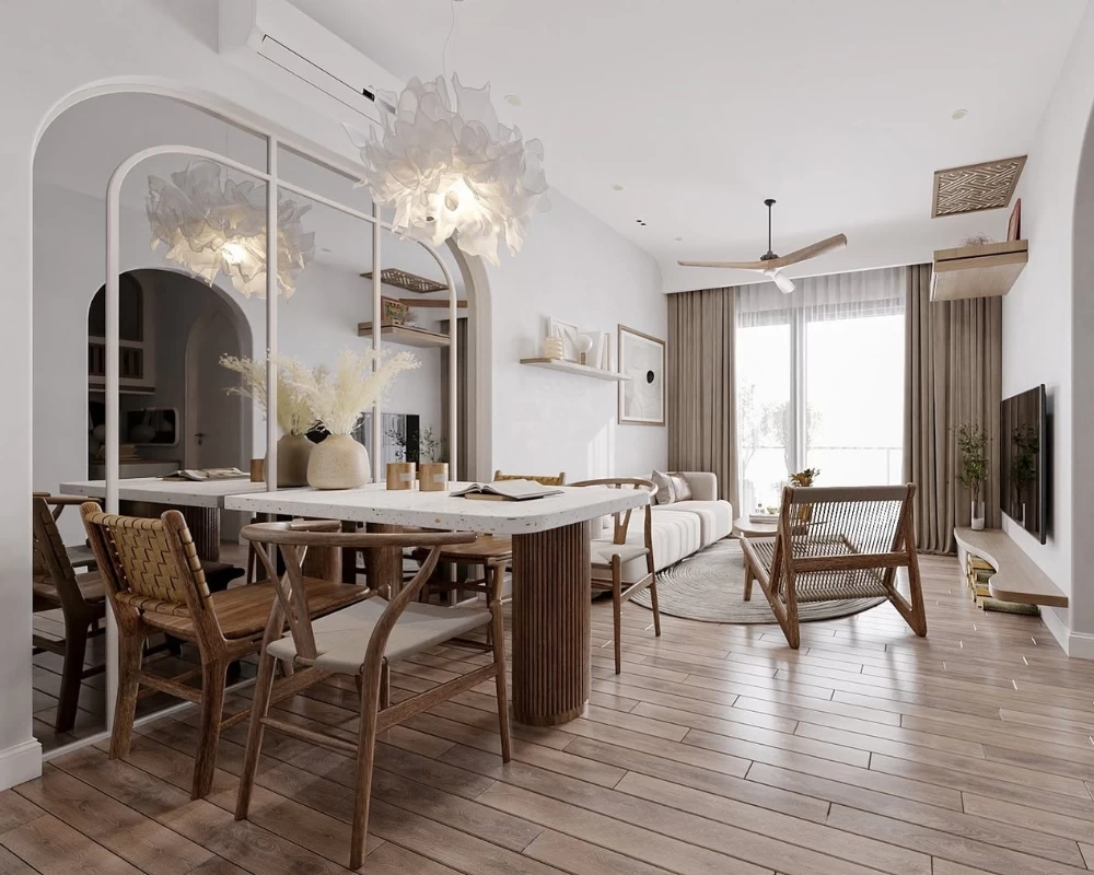 Căn hộ theo phong cách Scandinavian lấy gam màu trắng kem kết hợp với màu gỗ làm chủ đạo