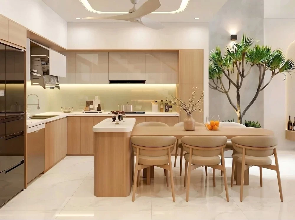Không gian phòng bếp kết hợp phòng ăn nhà phố toát lên vẻ ấm cúng