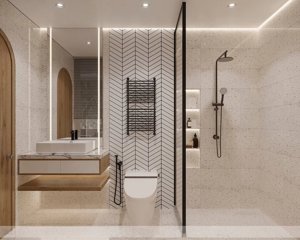 Phòng tắm sử dụng vách kính cường lực để phân chia khu vực khô và khu vực ướt