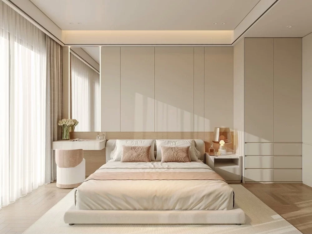 Mẫu phòng ngủ nhà phố 4 tầng được thiết kế theo gam màu kem nhẹ nhàng