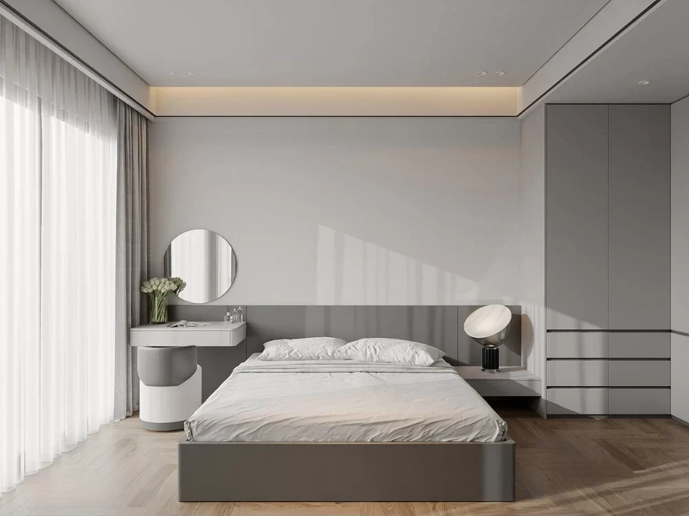 Mẫu phòng ngủ nhà phố 4 tầng được thiết kế theo gam màu xám trung tính