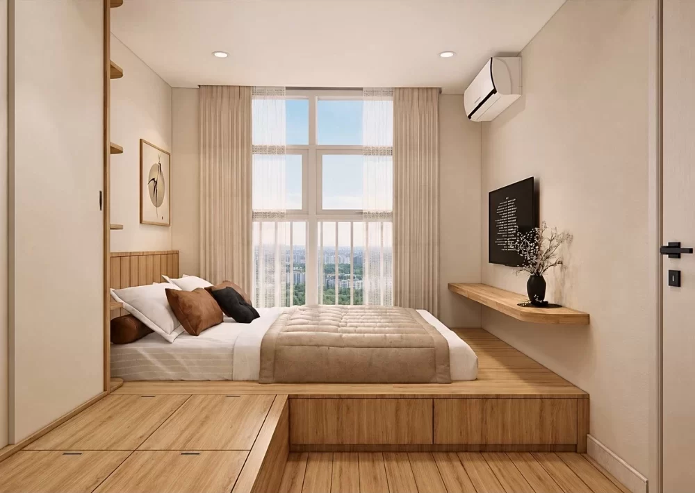 Phòng ngủ căn hộ kiểu Nhật được thiết kế cửa sổ kính lớn kết hợp rèm rủ mỏng nhẹ