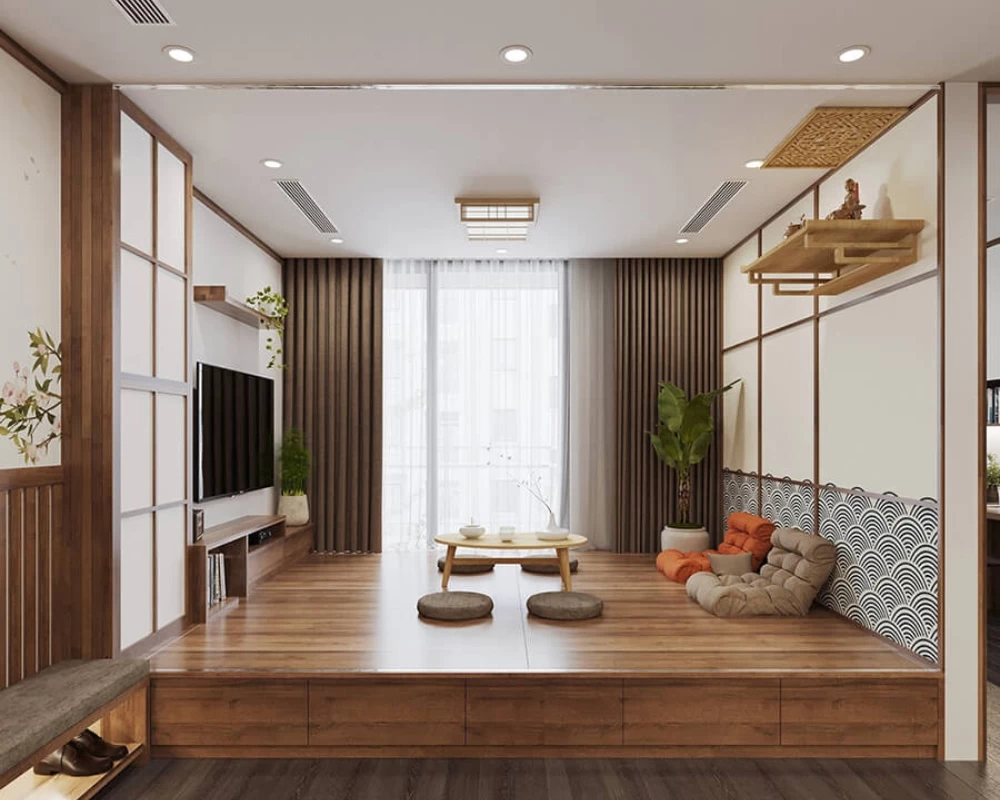 Mẫu thiết kế phòng khách chung cư kiểu Nhật có kết hợp góc trang thờ