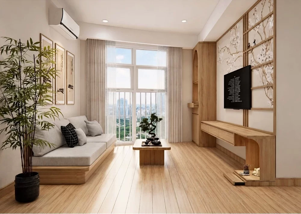 Mẫu thiết kế phòng khách trang nhã cho căn hộ kiểu Nhật